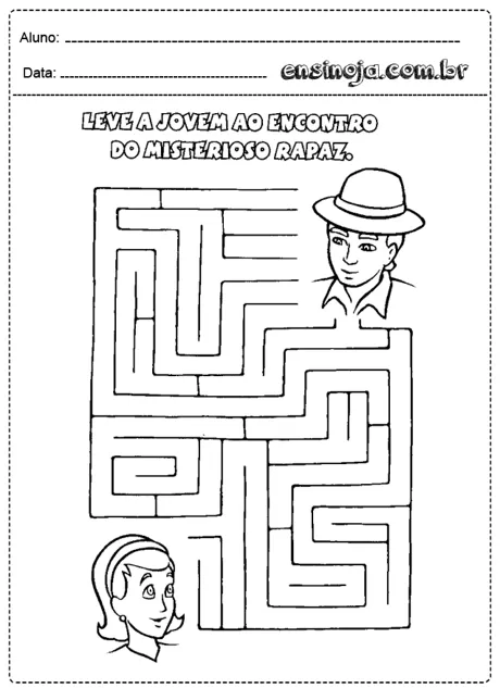 Atividade de labirinto para crianças, onde devem levar um jovem ao encontro de um rapaz misterioso.