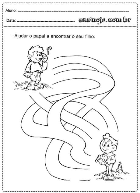 Atividade de labirinto onde uma criança ajuda um pai a encontrar seu filho.