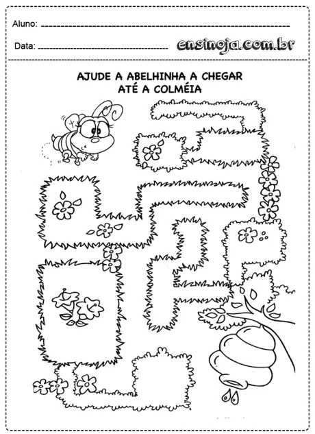 Atividade de labirinto com uma abelhinha e uma colmeia.