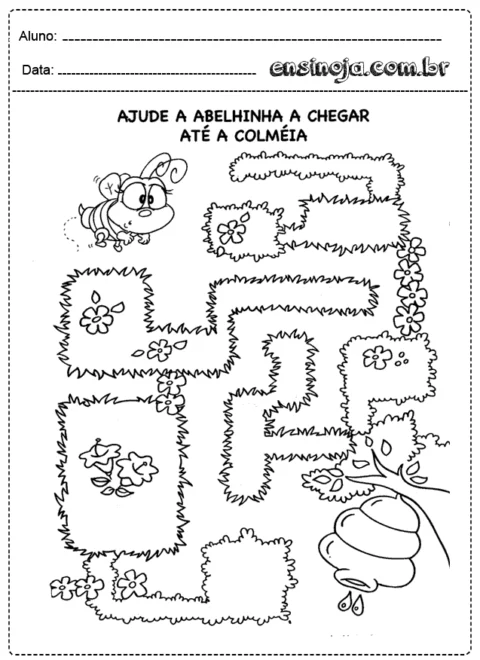Atividade de labirinto com uma abelhinha e uma colmeia.