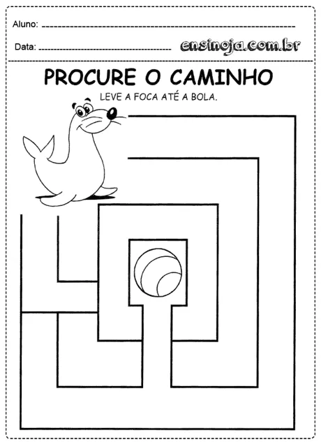 Desenho de uma foca em um labirinto com uma bola no final.