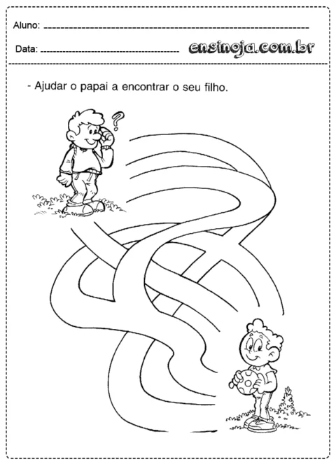 Atividade de labirinto onde uma criança ajuda um pai a encontrar seu filho.