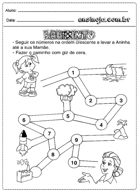 Atividade de labirinto para crianças, onde devem seguir os números na ordem crescente.