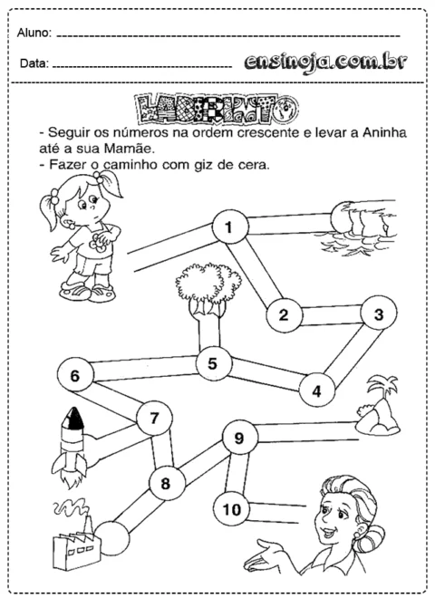 Atividade de labirinto para crianças, onde devem seguir os números na ordem crescente.