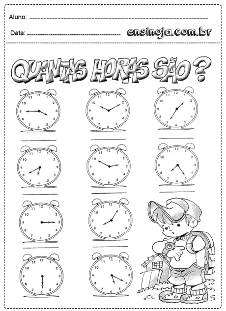 Atividade de matemática com relógios para aprender a ler as horas.