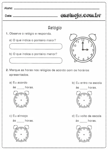 Atividade sobre relógio para crianças, com perguntas sobre os ponteiros e horários.