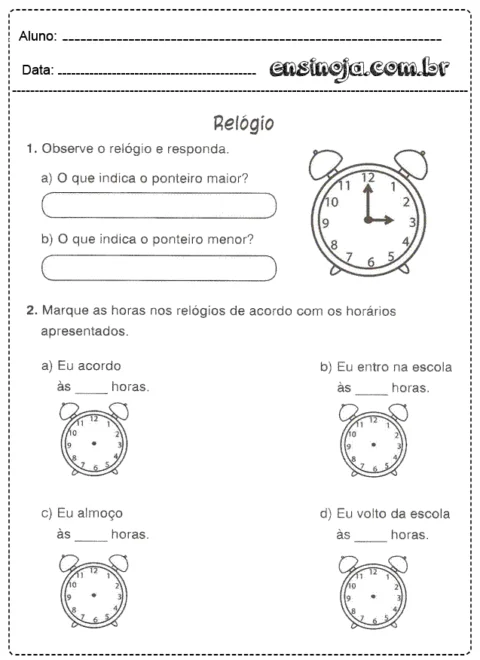 Atividade sobre relógio para crianças, com perguntas sobre os ponteiros e horários.