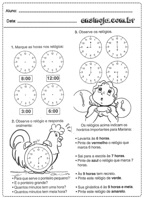 Atividade de relógio para crianças com desenhos de relógios e perguntas sobre horários.