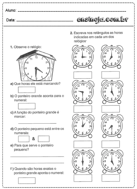 Atividade de matemática sobre leitura de relógio para crianças.
