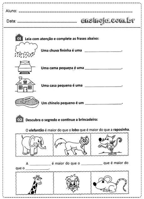 Atividade de completar frases e descobrir o segredo com ilustrações de animais e objetos.