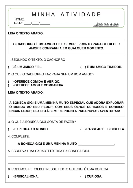 Atividade escolar sobre um cachorro e a boneca Gigi, com perguntas de compreensão de texto.
