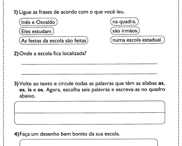 Atividade escolar sobre leitura e escrita para alunos do ensino fundamental.