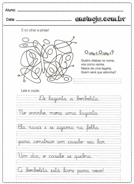 Atividade de leitura e escrita sobre a transformação da lagarta em borboleta.