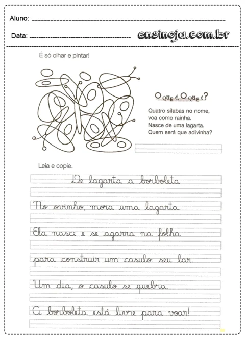 Atividade de leitura e escrita sobre a transformação da lagarta em borboleta.