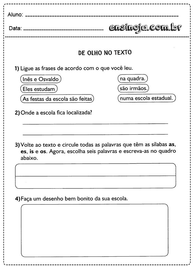 Atividade escolar sobre leitura e escrita para alunos do ensino fundamental.