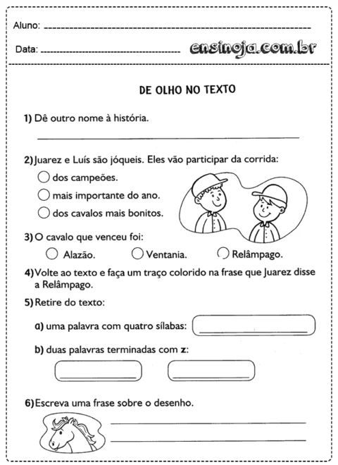 Atividade escolar sobre leitura e interpretação de texto.