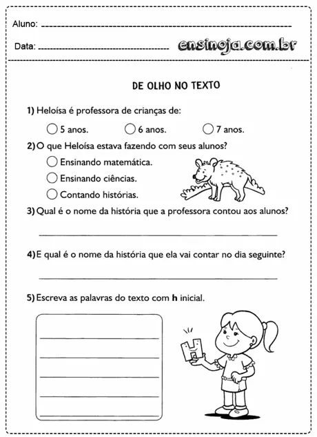 Atividade de leitura e escrita para crianças com perguntas sobre uma professora e suas aulas.
