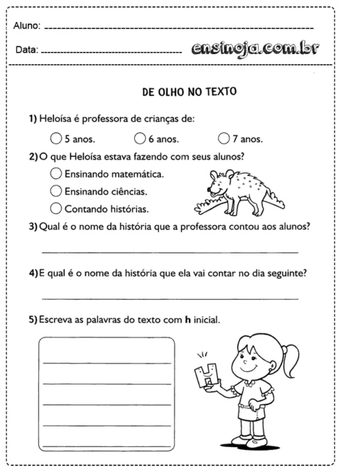 Atividade de leitura e escrita para crianças com perguntas sobre uma professora e suas aulas.