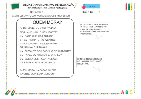 Atividade de leitura para crianças do 1º ano com perguntas sobre quem mora em diferentes lugares.