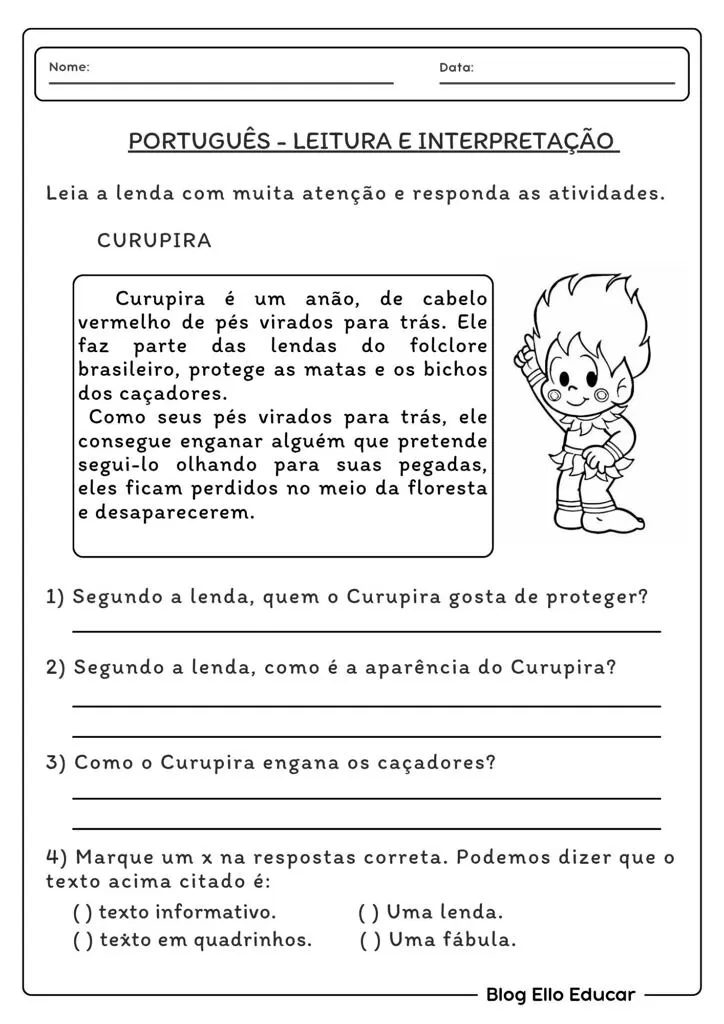 Atividade de leitura e interpretação sobre a lenda do Curupira.