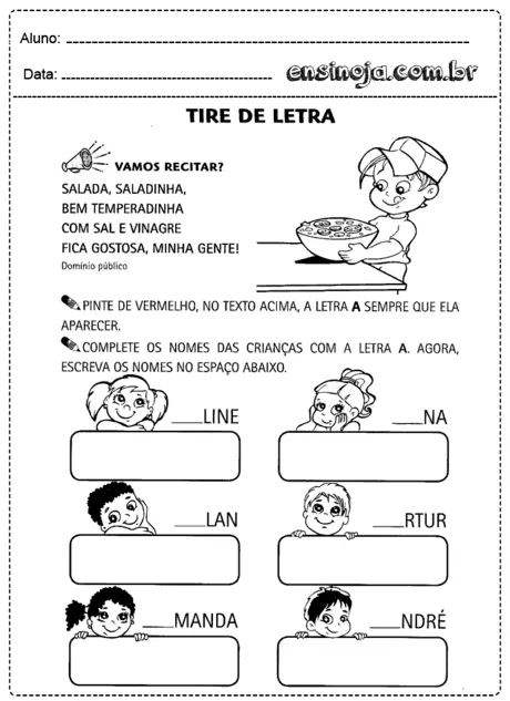 Atividade de educação infantil para reconhecimento da letra A com crianças e uma salada.