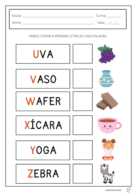 Atividade escolar para copiar a primeira letra de cada palavra com ilustrações.