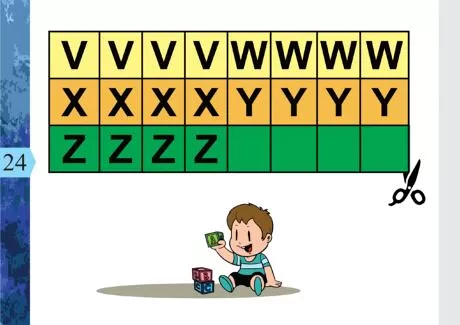 Criança brincando com blocos de letras ao lado de uma tabela de letras coloridas.