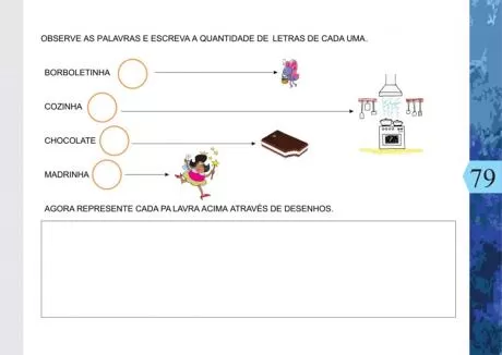 Atividade de escrita e desenho com palavras para crianças.