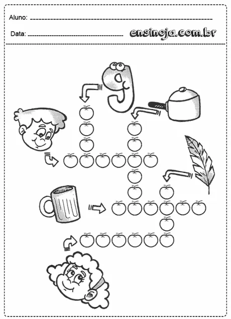 Atividade de educação infantil com letras e frutas.