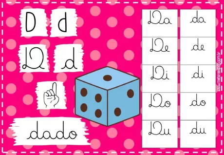 Imagem educativa com a letra D, um dado e sílabas relacionadas.
