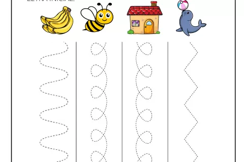 Atividade escolar com imagens de banana, abelha, casa e golfinho para identificação de letras iniciais.