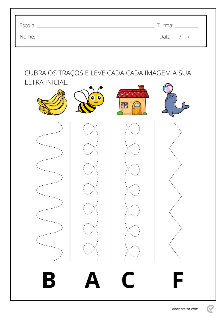 Atividade escolar com imagens de banana, abelha, casa e golfinho para identificação de letras iniciais.