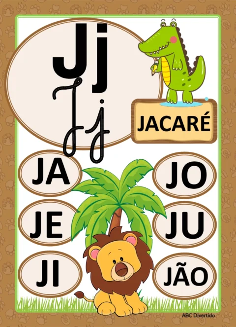 Imagem educativa com a letra J, ilustrada com um jacaré e palavras que começam com J.