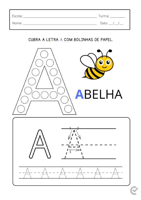 Atividade educacional para cobrir a letra A com bolinhas de papel, com ilustração de uma abelha.