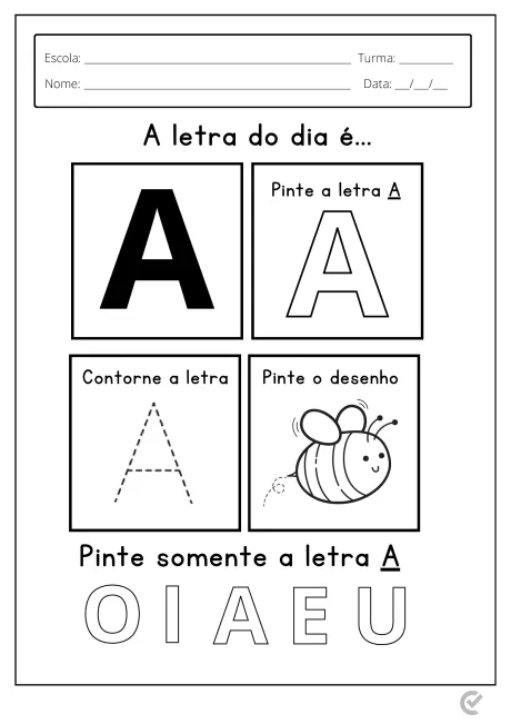 Atividade educacional sobre a letra A com instruções para contornar e pintar.