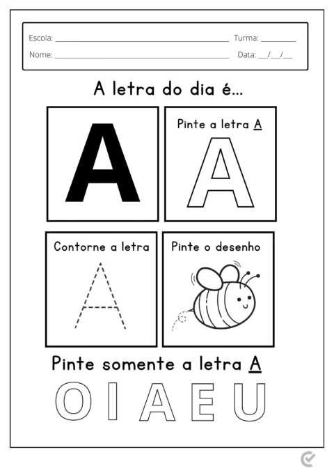 Atividade educacional sobre a letra A com instruções para contornar e pintar.