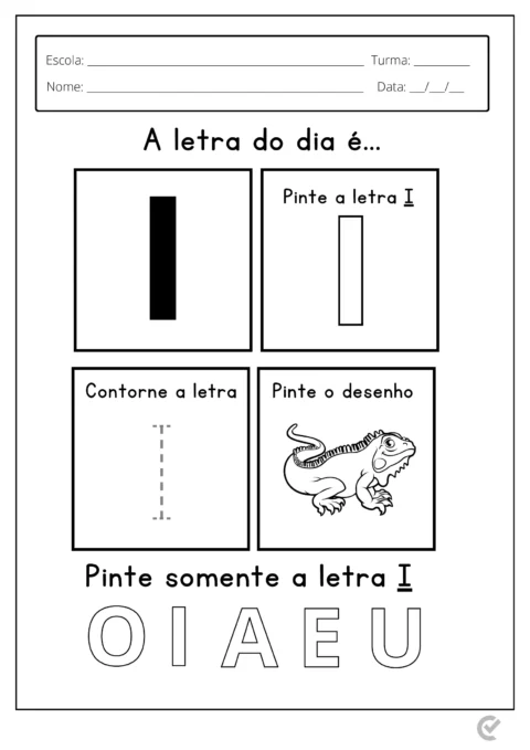 Atividade educacional para crianças sobre a letra I, com instruções para pintar e contornar.