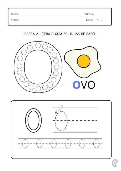 Atividade educativa para cobrir a letra O com bolinhas de papel, com ilustrações de um ovo e a letra O.