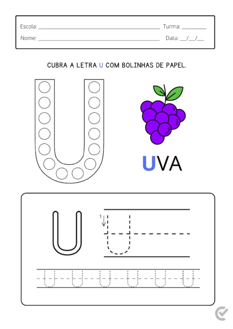 Atividade educativa para cobrir a letra U com bolinhas de papel, com a imagem de uma uva.