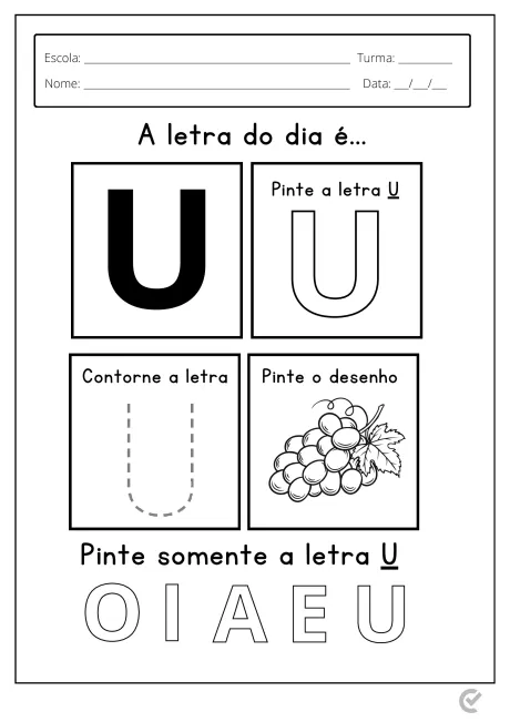 Atividade educativa sobre a letra U, com instruções para contornar e pintar a letra.