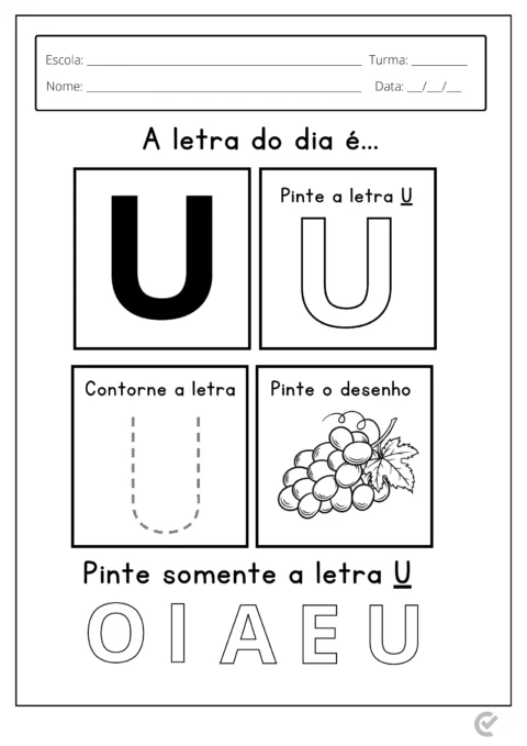 Atividade educativa sobre a letra U, com instruções para contornar e pintar a letra.