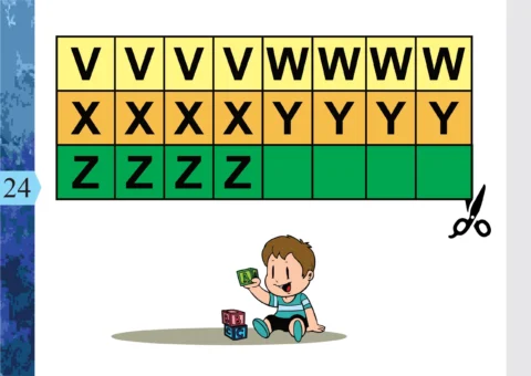 Criança brincando com blocos de letras ao lado de uma tabela de letras coloridas.