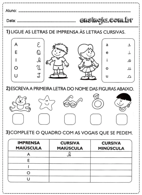 Atividade de ligação entre letras de imprensa e cursivas, com figuras para identificação de letras iniciais.