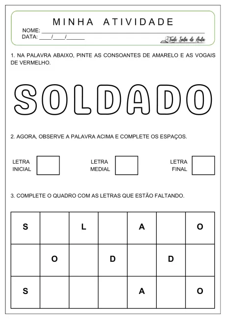 Atividade educacional para identificar letras na palavra SOLDADO, com espaços para completar.