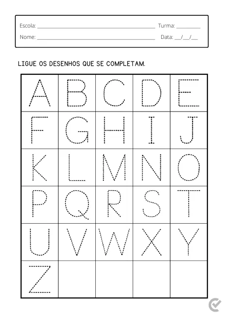 Atividade escolar com letras do alfabeto para completar desenhos.