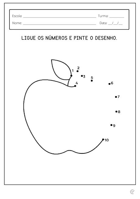 Desenho de uma maçã com números para ligar e pintar.