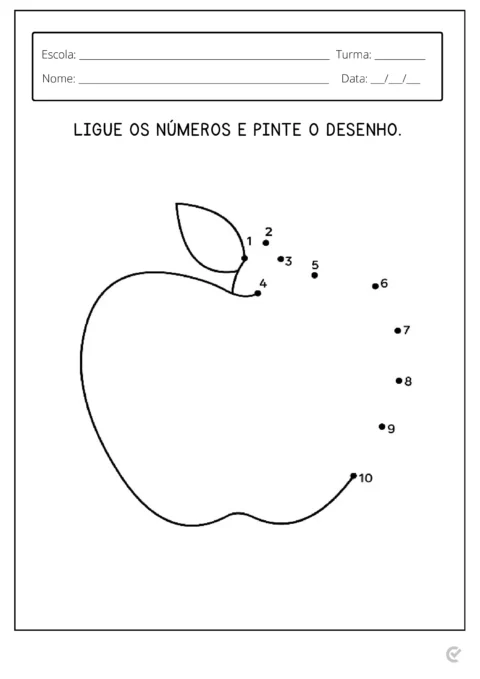 Desenho de uma maçã com números para ligar e pintar.