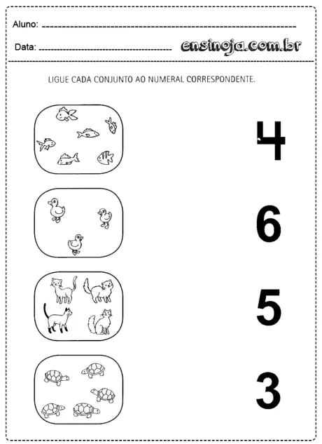 Atividade de ligar conjuntos de animais ao número correspondente.