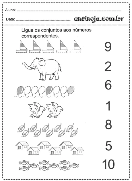 Atividade de ligar conjuntos aos números correspondentes com desenhos de barcos, elefante, balões, pássaros, folhas, casas e conchas.