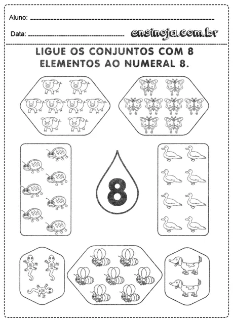 Atividade de ligar conjuntos com 8 elementos ao numeral 8.